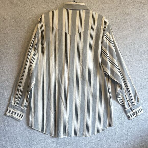 Vtg Wrangler Brushpopper Mens Shirt Western Striped Pearl Snap 17.5-35 Long Tail - Picture 2 of 7
